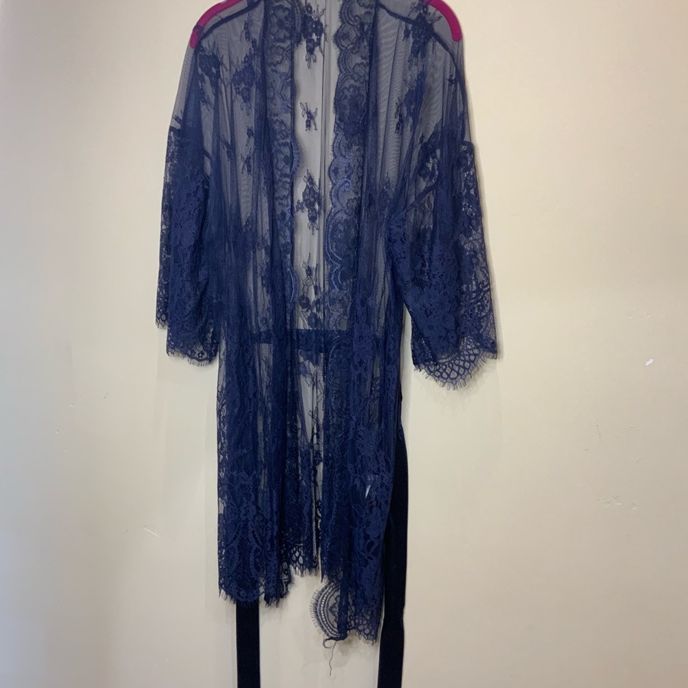 Blue Lace Robe with Sheer Floral Elegance